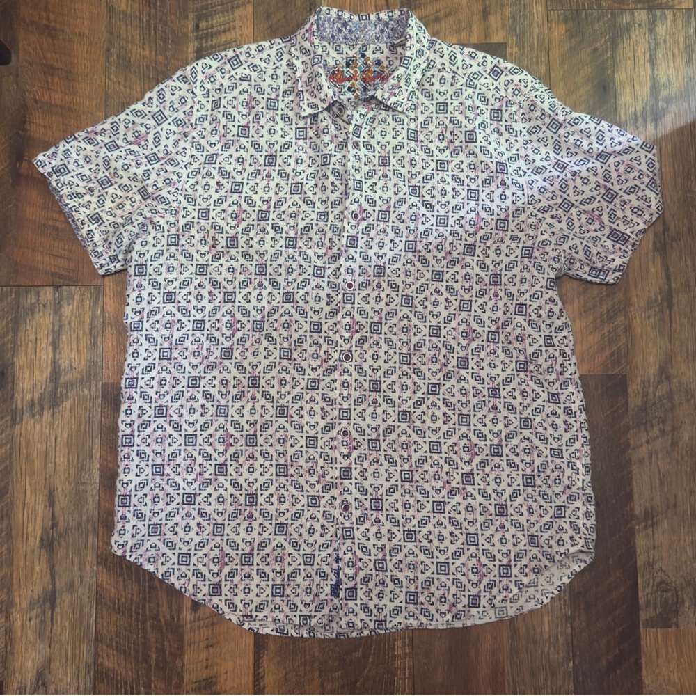 ROBERT GRAHAM Button down Geometric Linen Blend short sleeve size Large L